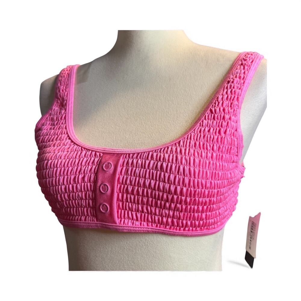 Kendall + Kylie 3 Snap Henley Bikini Top, Neon Pink, Medium, NWT